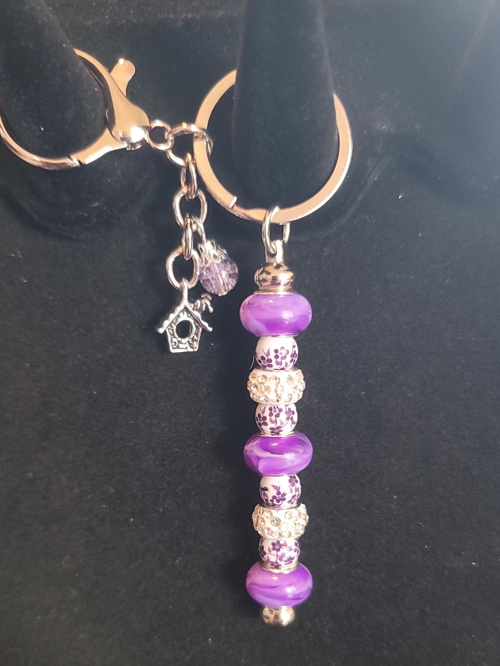 Purple Drop Bead Keychain- Birdhouse Charm